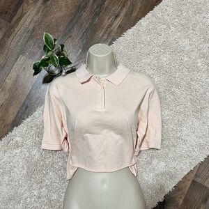 American Eagle Size Small Oversized Pink Cropped Henley Pullover Polo Top NWT